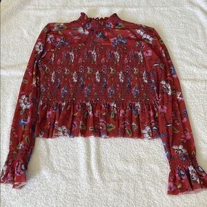 Chelsea & Violet Red Floral Smocked Long-Sleeve Crop Top